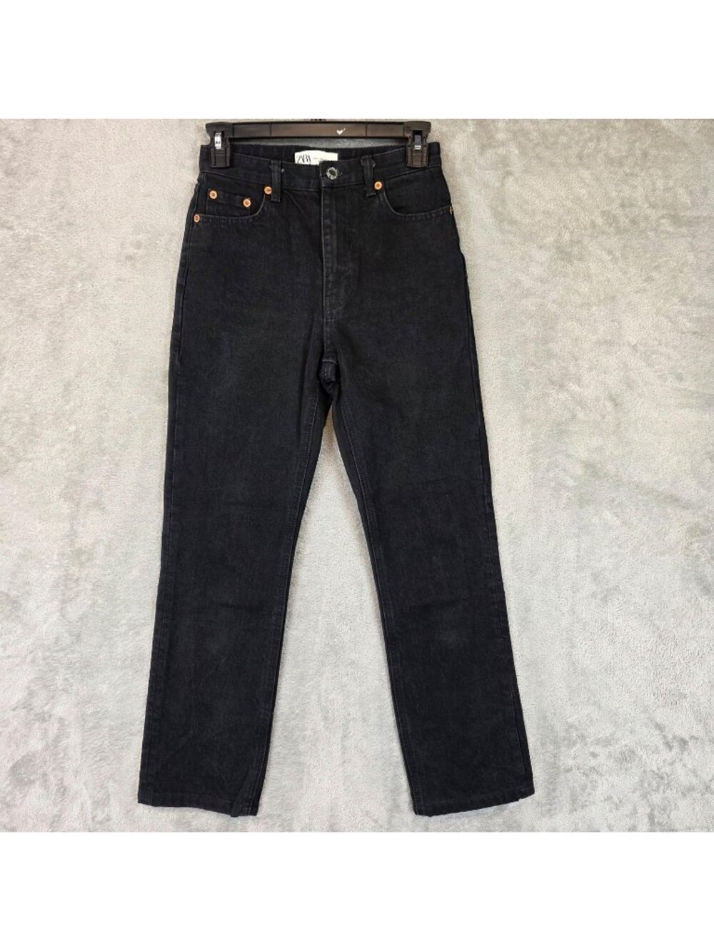 Zara Slim Straight Jeans Womens 2 Black Charcoal Wash High Rise Stretch Denim